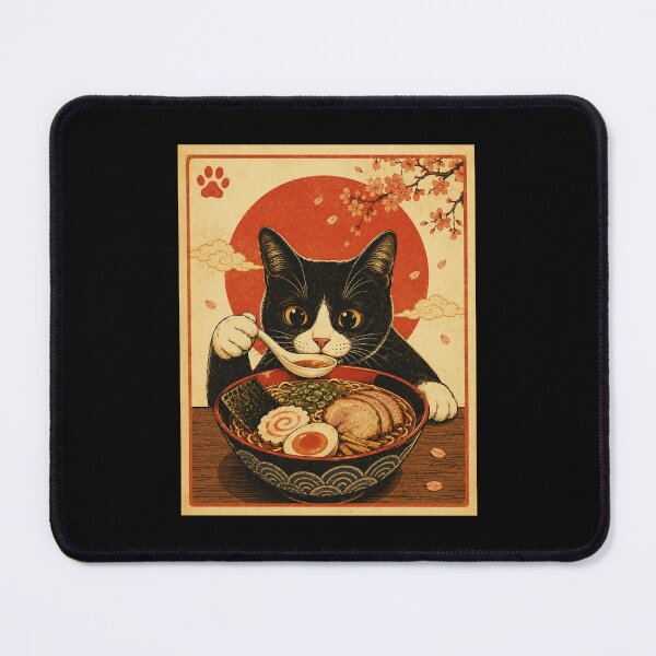 Item preview, Curious Tuxedo Cat Enjoying Ramen Under Cherry Blossoms designed and sold by eliramaison.