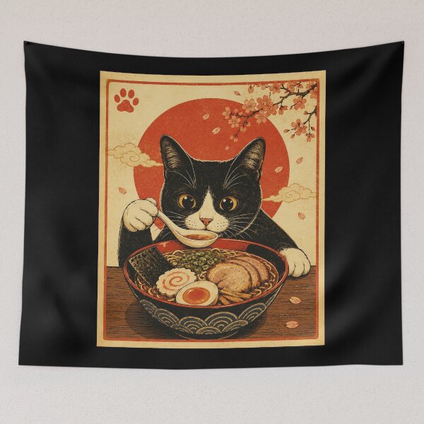 Item preview, Curious Tuxedo Cat Enjoying Ramen Under Cherry Blossoms designed and sold by eliramaison.