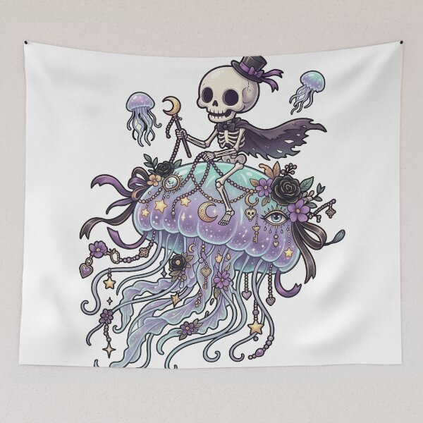 Item preview, Skeleton In Top Hat Riding Giant Glowing Jellyfish With Purple Flowers On Solid designed and sold by MisteryDesigner.