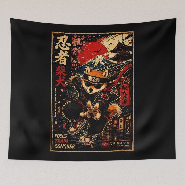 Item preview, Shiba Ninja Under Crimson Sky Vintage Japanese Action Poster designed and sold by eliramaison.