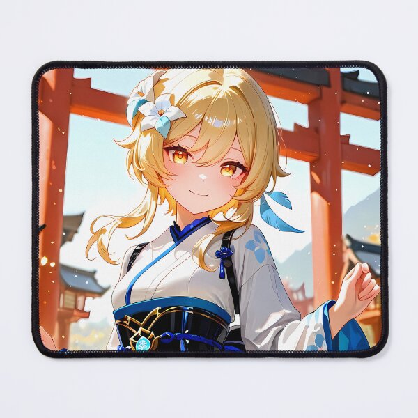 Item preview, Traveler Lumine Genshin Impact Shrine Kimono Blue Blossom designed and sold by SuperTeamCanada.