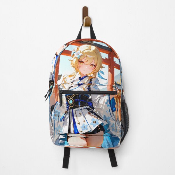 Item preview, Traveler Lumine Genshin Impact Shrine Kimono Blue Blossom designed and sold by SuperTeamCanada.