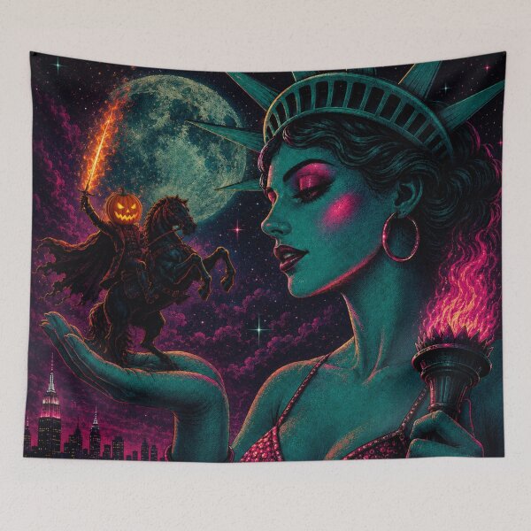Item preview, Headless Horseman & Neon Lady Liberty - Cosmic Halloween Fantasy Art designed and sold by TheHorsemanRidesAgain.