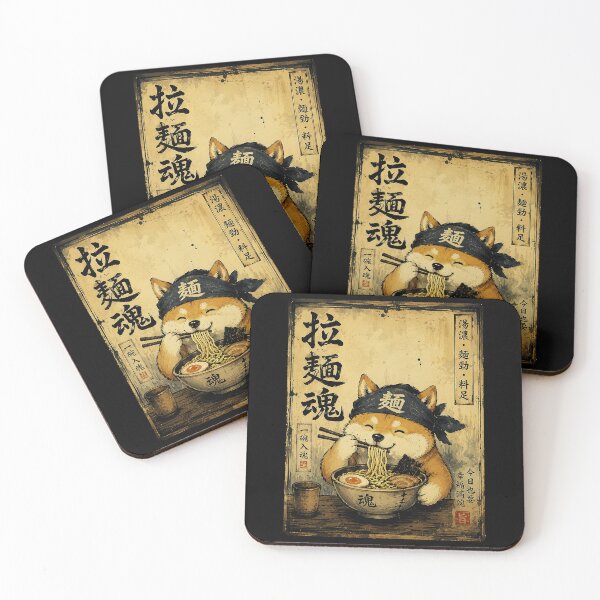Item preview, Smiling Shiba Enjoying Ramen in Rustic Japanese Poster Style designed and sold by ferminhays.