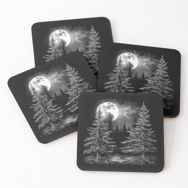 Item preview, Full Moon Pine Forest Black and White Wilderness Art designed and sold by inkoutninja.