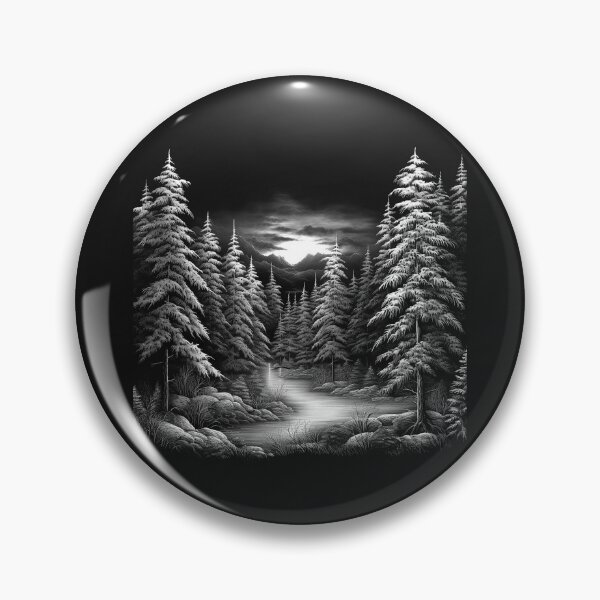 Item preview, Moonlit Snowy Pine Forest Black and White Wilderness Art designed and sold by inkoutninja.