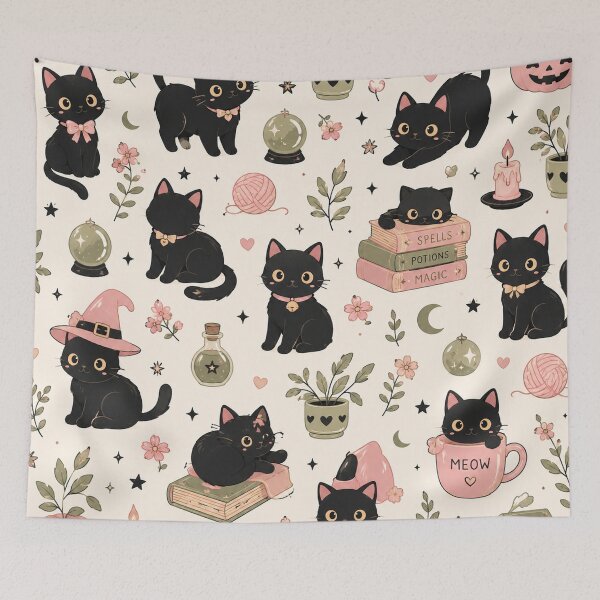 Item preview, Kawaii Black Cat Halloween Pattern | Cute Witchy Cats Seamless Pastel Design designed and sold by RJACreative.