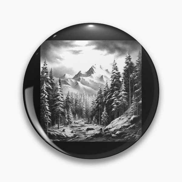 Item preview, Black and White Snowy Mountain Forest Landscape designed and sold by inkoutninja.
