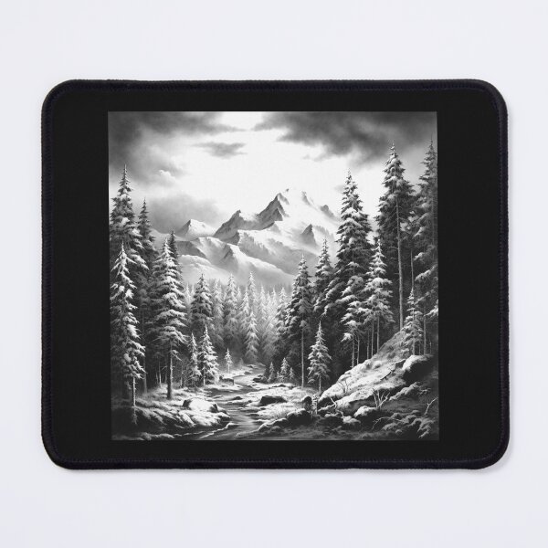 Item preview, Black and White Snowy Mountain Forest Landscape designed and sold by inkoutninja.