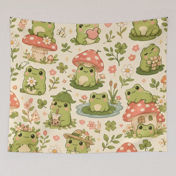 Item preview, Cute Cottagecore Frog Pattern | Kawaii Frogs, Mushrooms & Wildflowers Seamless Design designed and sold by RJACreative.