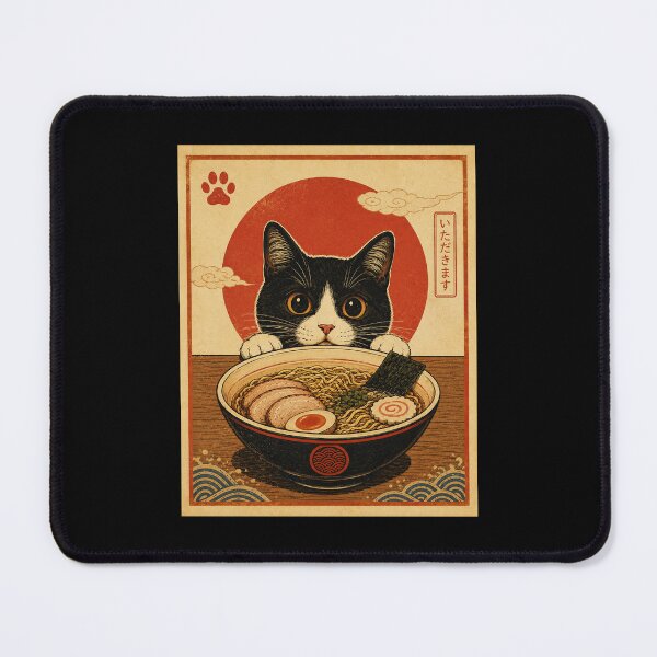 Item preview, Curious Tuxedo Cat Peeking Over a Bowl of Ramen designed and sold by eliramaison.