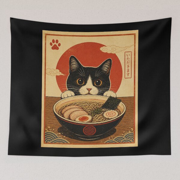 Item preview, Curious Tuxedo Cat Peeking Over a Bowl of Ramen designed and sold by eliramaison.