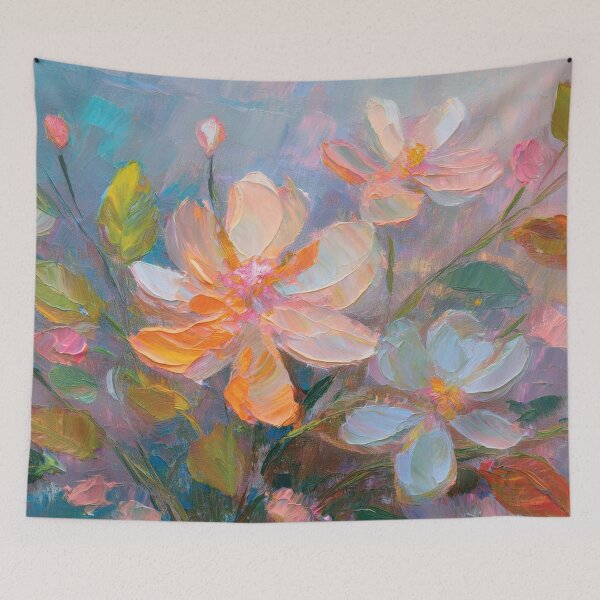 Item preview, Nude Neutral Pastel VINTAGE wildflowers, boho beige botanical watercolour garden, neutral beige and teal green and pink oil painting, pastel leafy floral spring painting designed and sold by navitalidesign.