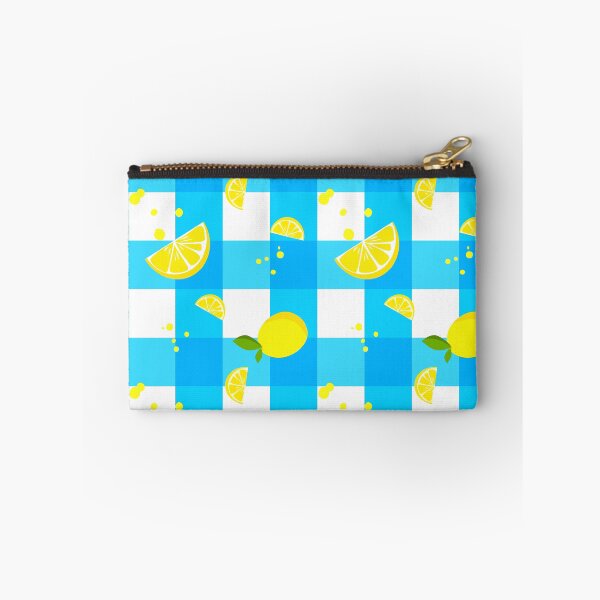Item preview, Lemon seamless pattern on blue gingham check background, fresh citrus fruit designed and sold by Aom Road.