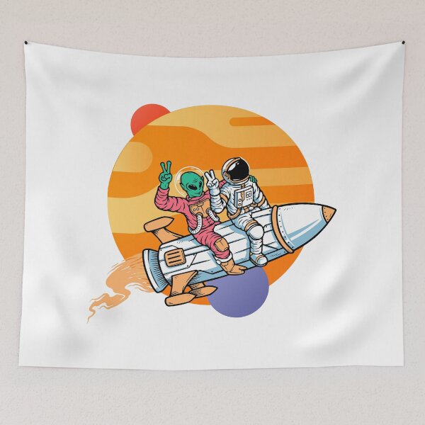 Item preview, Astronaut and Alien Riding Rocket Retro Space designed and sold by yuki-hana.