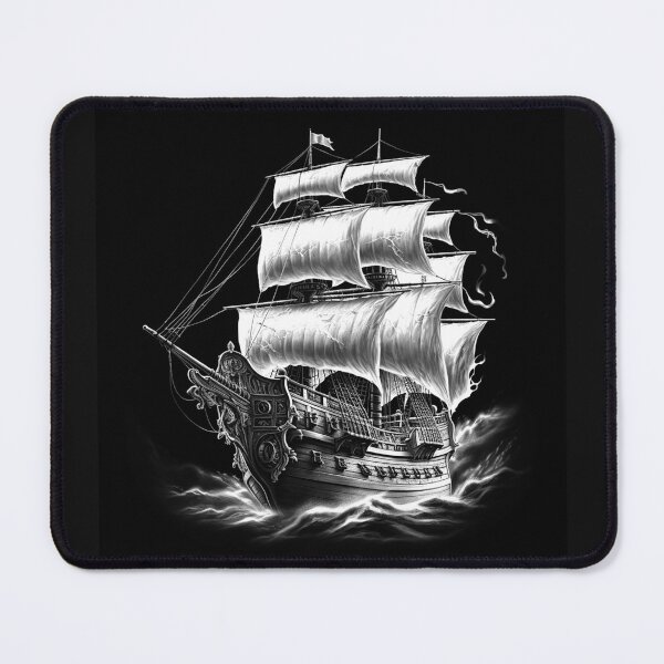 Item preview, Black and White Pirate Ship Nautical Adventure Art designed and sold by inkoutninja.