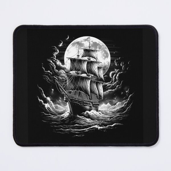 Item preview, Moonlit Pirate Ship Stormy Sea Black and White Art designed and sold by inkoutninja.