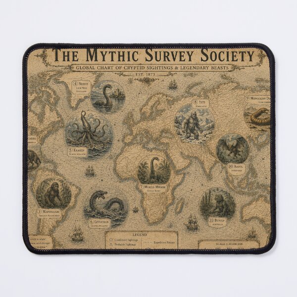 Item preview, The Mythic Survey Society Cryptid Map – Vintage World Map of Legendary Beasts, Bigfoot, Nessie, Kraken and Leviathan designed and sold by Extravanganzza.