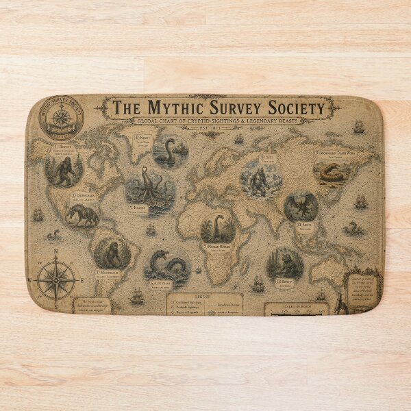 Item preview, The Mythic Survey Society Cryptid Map – Vintage World Map of Legendary Beasts, Bigfoot, Nessie, Kraken and Leviathan designed and sold by Extravanganzza.
