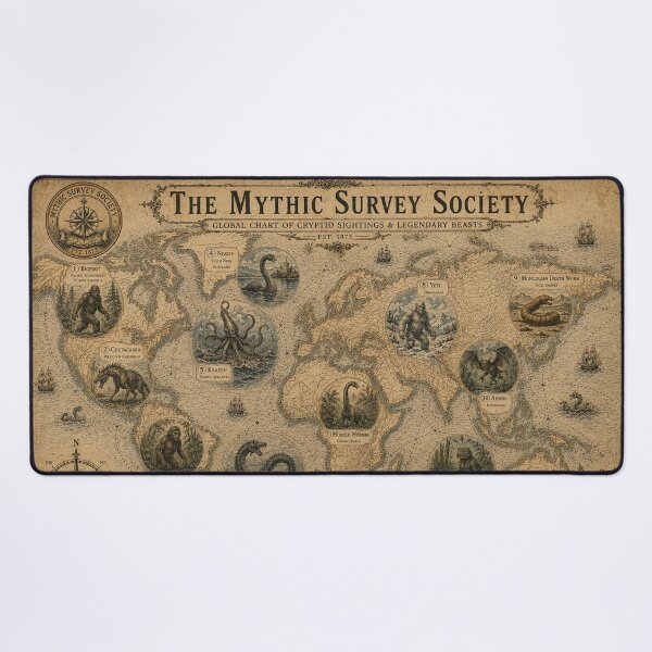 Item preview, The Mythic Survey Society Cryptid Map – Vintage World Map of Legendary Beasts, Bigfoot, Nessie, Kraken and Leviathan designed and sold by Extravanganzza.