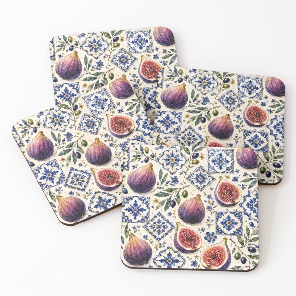Item preview, Mediterranean Fig Pattern with Blue Ceramic Tiles and Olive Branches designed and sold by TheSlowShore.