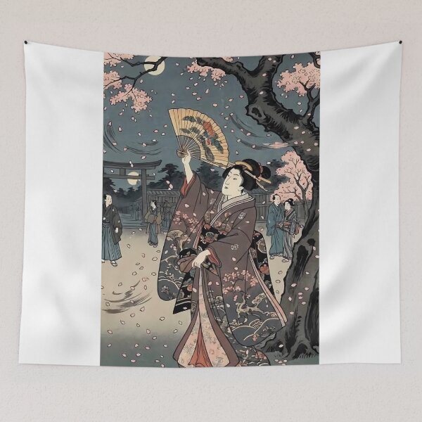 Item preview, Kabuki Dance Under Night Cherry Blossoms Vintage Japanese Art designed and sold by TokyoUkiyoHouse.
