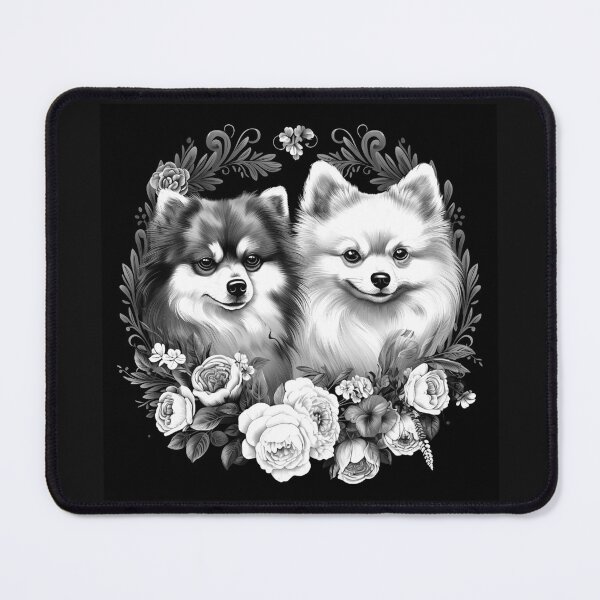 Item preview, Black and White Pomeranian Dogs Floral Portrait Art designed and sold by inkoutninja.