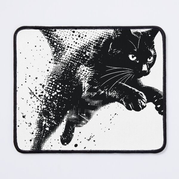 Item preview, Leaping black cat rendered in high‑contrast halftone dots and ink splatter for a gritty, energetic pop‑art effect. Stylish, playful designed and sold by Dejbar.