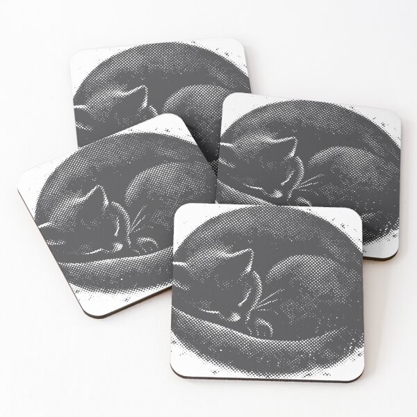 Item preview, A monochrome halftone illustration of a cat curled up asleep in a circular composition. Retro dot texture and subtle grunge details convey a cozy designed and sold by Dejbar.