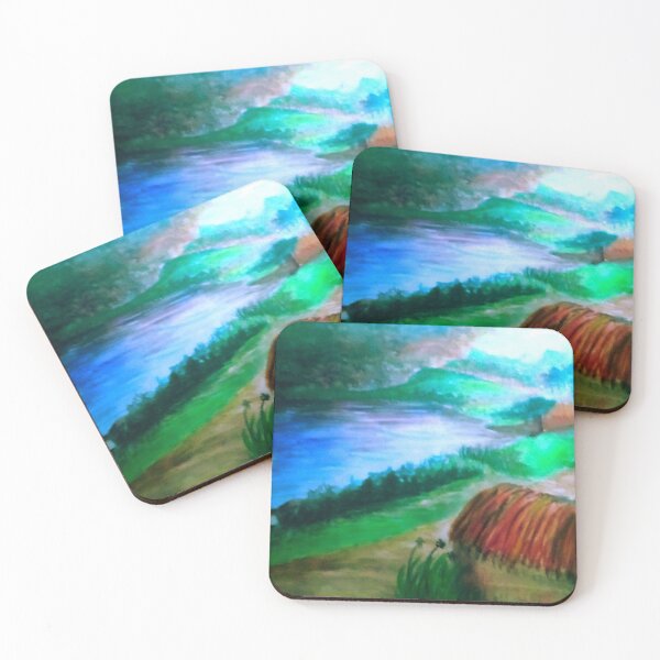 Item preview, A serene vibrant natural landscape of village and lake with mountains  designed and sold by Shukasya-Arts.