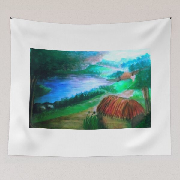 Item preview, A serene vibrant natural landscape of village and lake with mountains  designed and sold by Shukasya-Arts.
