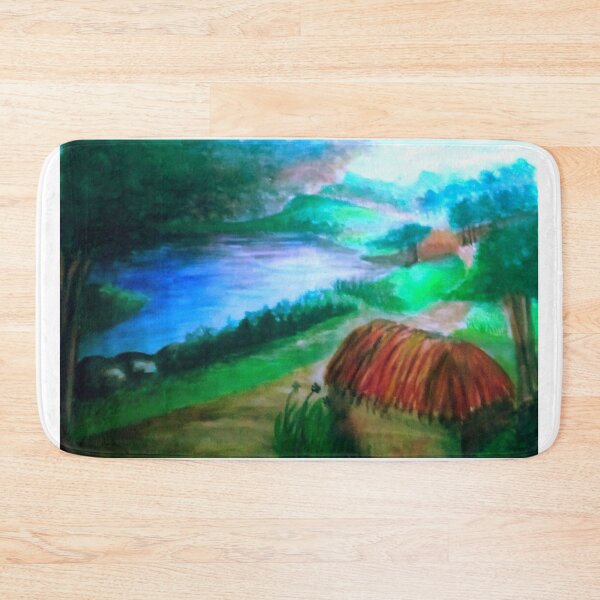 Item preview, A serene vibrant natural landscape of village and lake with mountains  designed and sold by Shukasya-Arts.