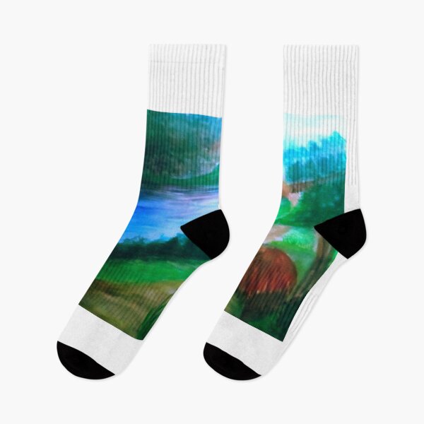 Item preview, A serene vibrant natural landscape of village and lake with mountains  designed and sold by Shukasya-Arts.