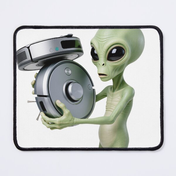 Item preview, Cute Green Alien Inspecting Robot Vacuum Meme designed and sold by OksArtStudio.
