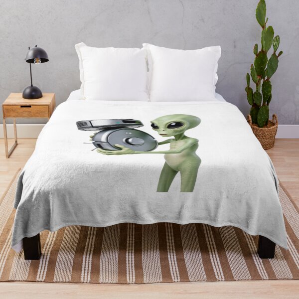 Item preview, Cute Green Alien Inspecting Robot Vacuum Meme designed and sold by OksArtStudio.