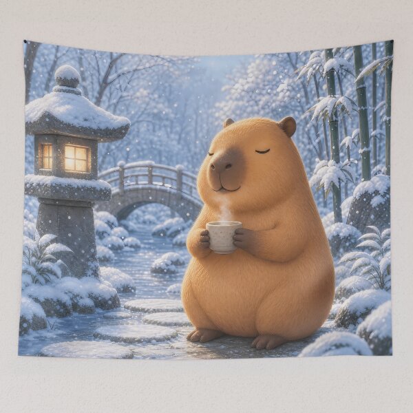 Item preview, Cozy Capybara Drinking Coffee in Snowy Garden designed and sold by LuisWorks.