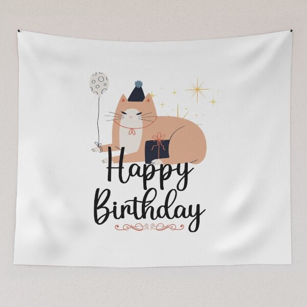 Item preview, Cute Birthday Cat with Balloon and Present Illustration designed and sold by infinitearte.