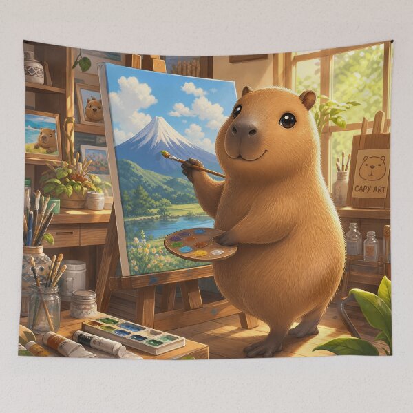 Item preview, Capybara Artist Painting Mount Fuji Landscape designed and sold by LuisWorks.