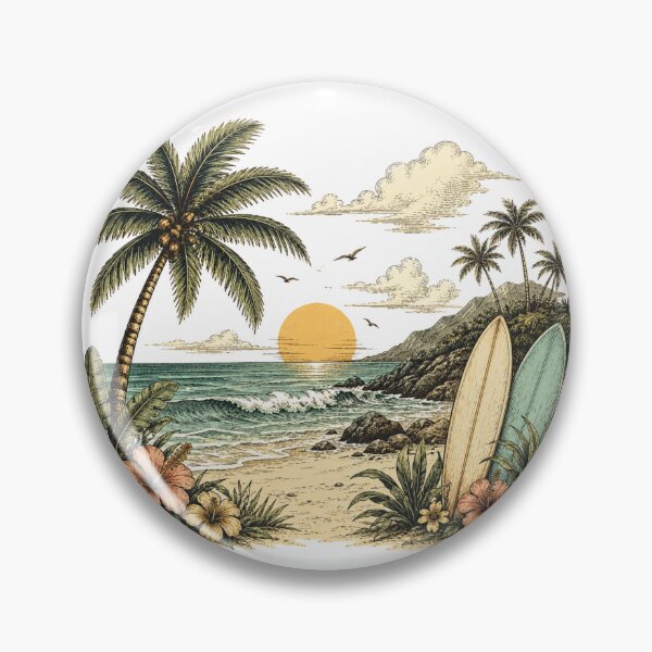 Item preview, Vintage Tropical Beach Sunset Surf Design | Palm Trees, Ocean Waves & Surfboards designed and sold by DreamPixelPrint.