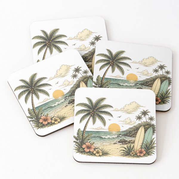 Item preview, Vintage Tropical Beach Sunset Surf Design | Palm Trees, Ocean Waves & Surfboards designed and sold by DreamPixelPrint.