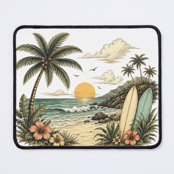 Item preview, Vintage Tropical Beach Sunset Surf Design | Palm Trees, Ocean Waves & Surfboards designed and sold by DreamPixelPrint.