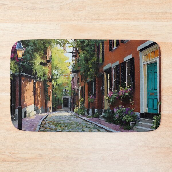 Item preview, Beacon Hill Boston Historic Cobblestone Lane with Teal Door, Gas Lantern and Red Brick Townhouses, Massachusetts Gift designed and sold by daila70.