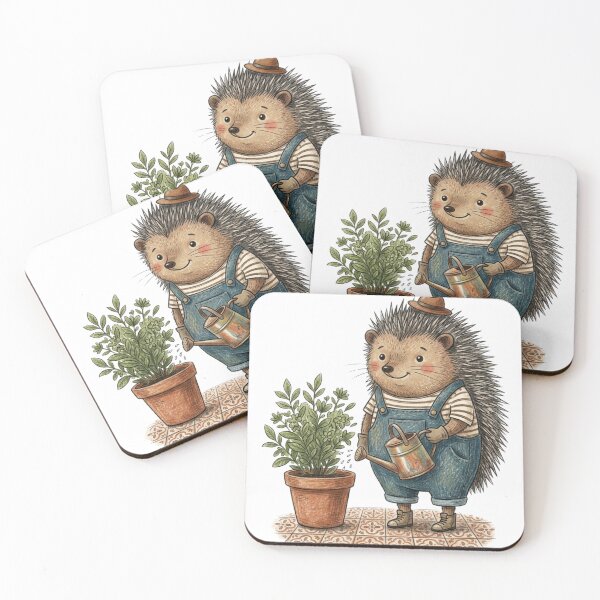 Item preview, Cute Hedgehog Gardener Watering Potted Plant Illustration designed and sold by TaiwanMemory.