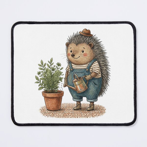 Item preview, Cute Hedgehog Gardener Watering Potted Plant Illustration designed and sold by TaiwanMemory.