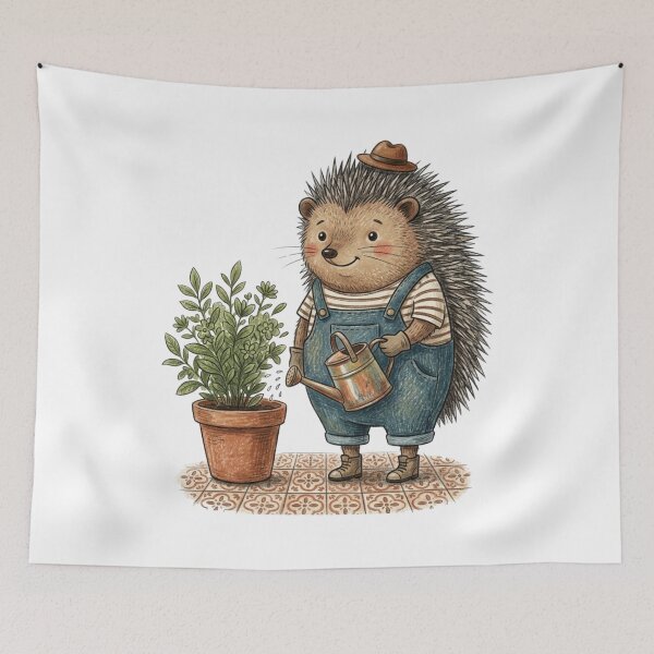 Item preview, Cute Hedgehog Gardener Watering Potted Plant Illustration designed and sold by TaiwanMemory.