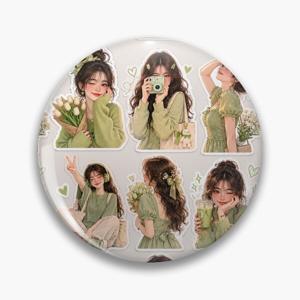 Item preview, Cute Green Aesthetic Korean Girl Sticker Sheet | 12 Kawaii Fashion Poses | Printable Journal Stickers designed and sold by KeerthiCuteFind.