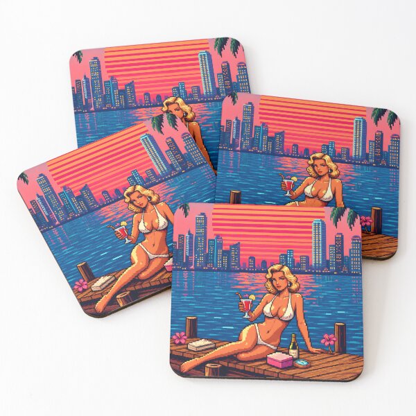 Item preview, Vice Sunset Dreams - Retro Pixel Beach Girl | Miami Sunset Aestheti Wall Art | 80s Syntwave designed and sold by Ivory Code.
