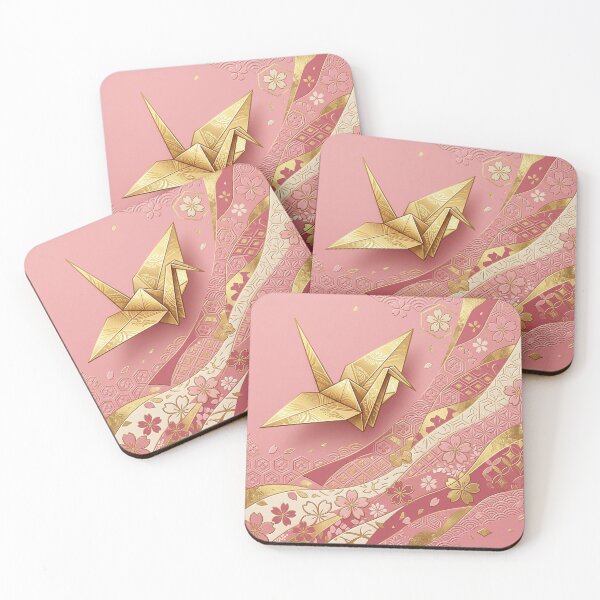 Item preview,  Elegant Japandi Graphic: Golden Origami Crane & Pink Sakura Pattern designed and sold by Hikariha Studio.