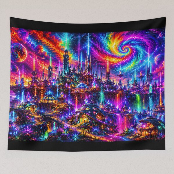 Item preview, Neon Alien Megacity | Psychedelic Sci-Fi Rainbow Planet Art | Futuristic Cosmic City Poster designed and sold by RockyLambda.