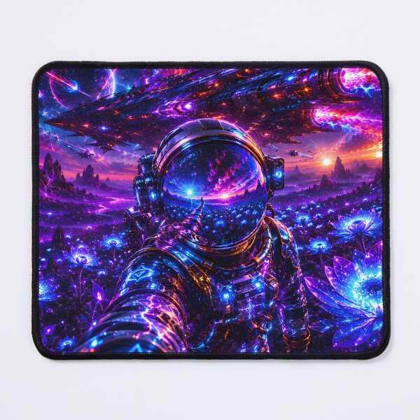 Item preview, Cosmic Bloom Explorer | Neon Blue Alien Flower Field Astronaut Sci-Fi Art Print designed and sold by RockyLambda.